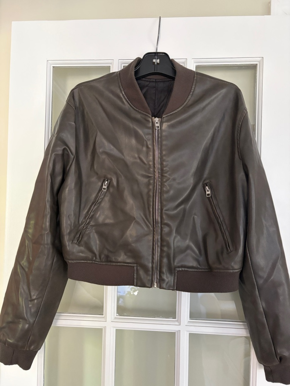 Brown Faux Leather Bomber Jacket